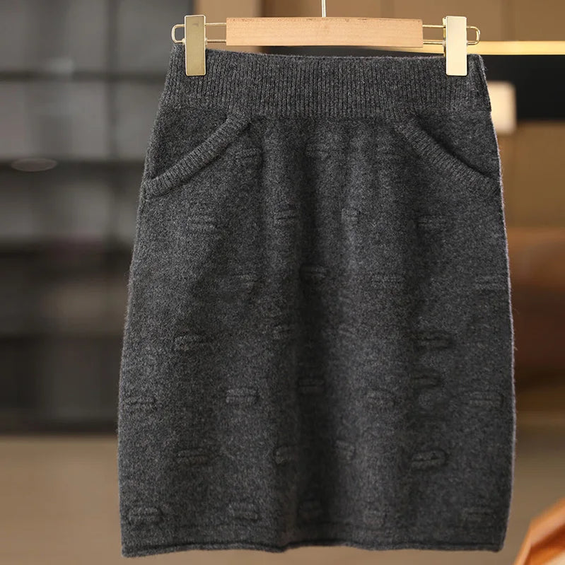 Autumn Winter New 100% Wool Short Skirt Women High Waist Knitted A-line Skirt Slimming and Versatile Hip hugging One Step Skirt 088 Dark grey