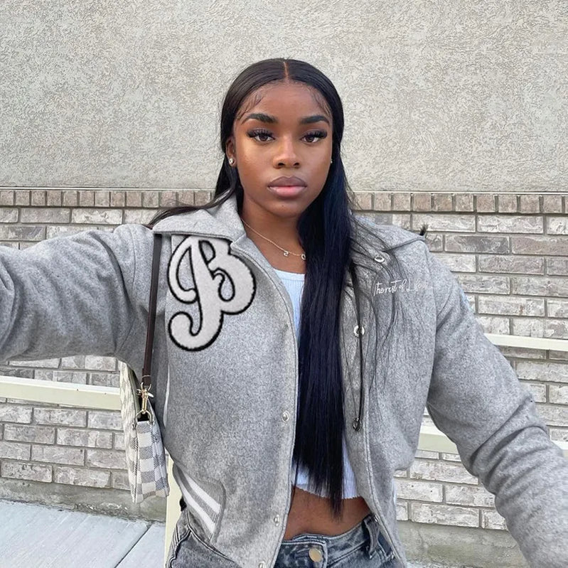 Baseball Jackets Women Single Breasted Letter Hip Hop Streetwear Crop Top Varsity Bomber Jackets Casual College Coats Pink