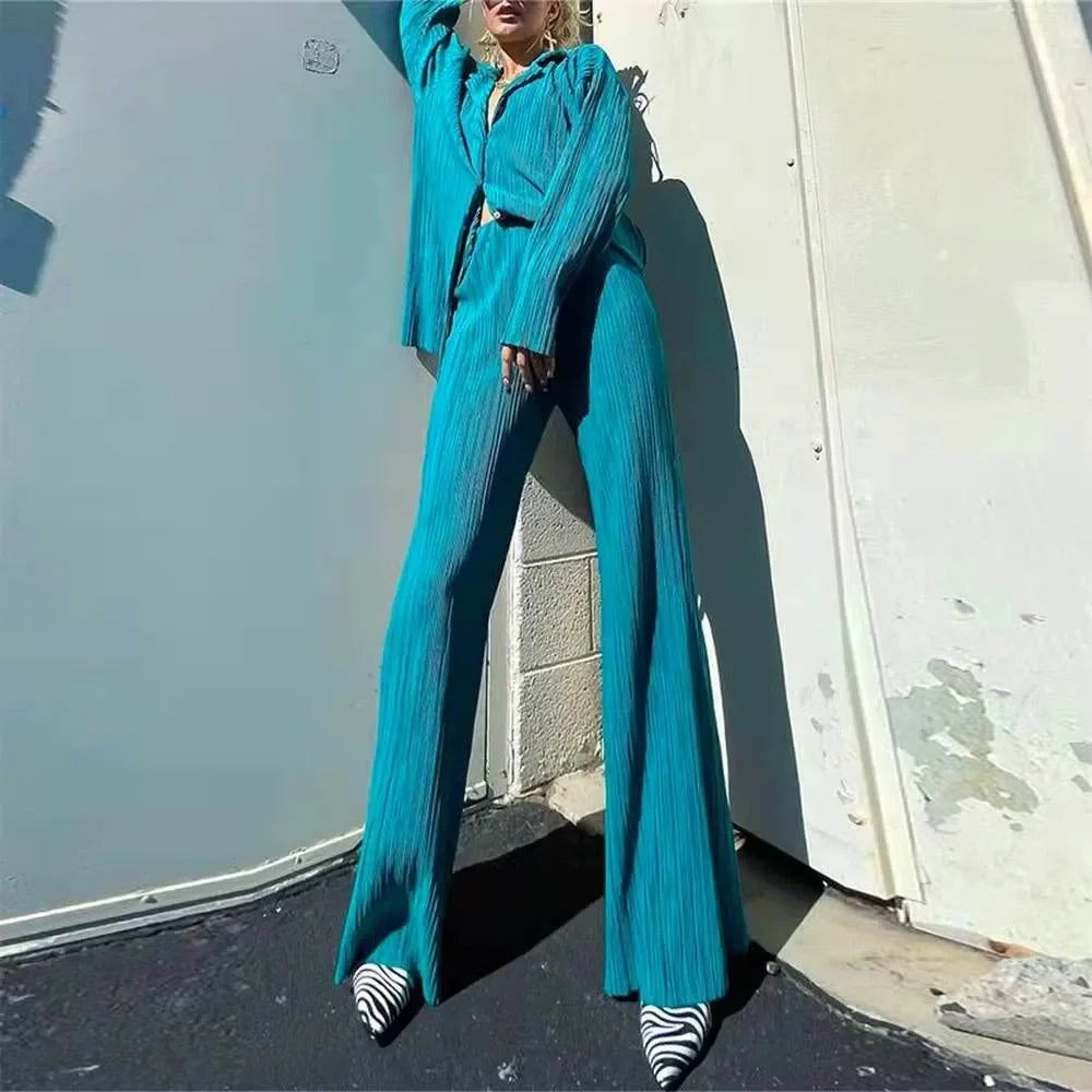 CM.YAYA Pleated Solid Women Set Long Sleeve Shirts and Straight Wide Leg Pants Suits Tracksuit Two Piece Set Fitness Outfits