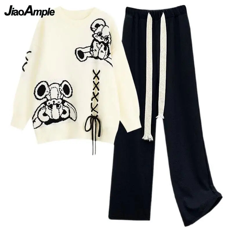 Autumn/Winter New in Matching Set Women's Loose O-Neck Knit Sweater Wide Leg Pants Two Piece Korean Elegant Tracksuit Suit