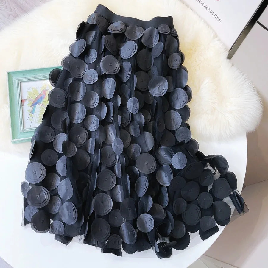 Women Polka Dot 3D Design Tulle Mesh Skirt Vintage Elastic Waist Long A-line Tutu Skirt