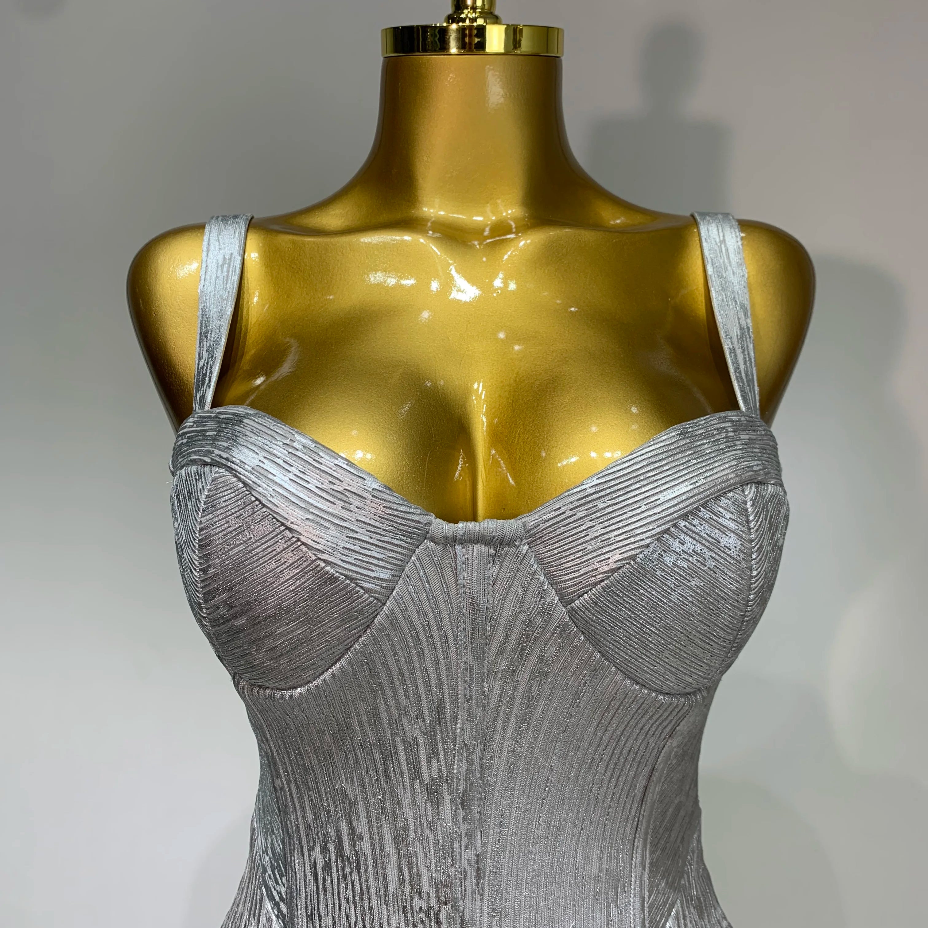 Women Sleeveless Sexy Silver V Neck Bodycon Midi Bandage Dress Celebrate Nightclub Party Birthday Dress Wedding Guest Dress