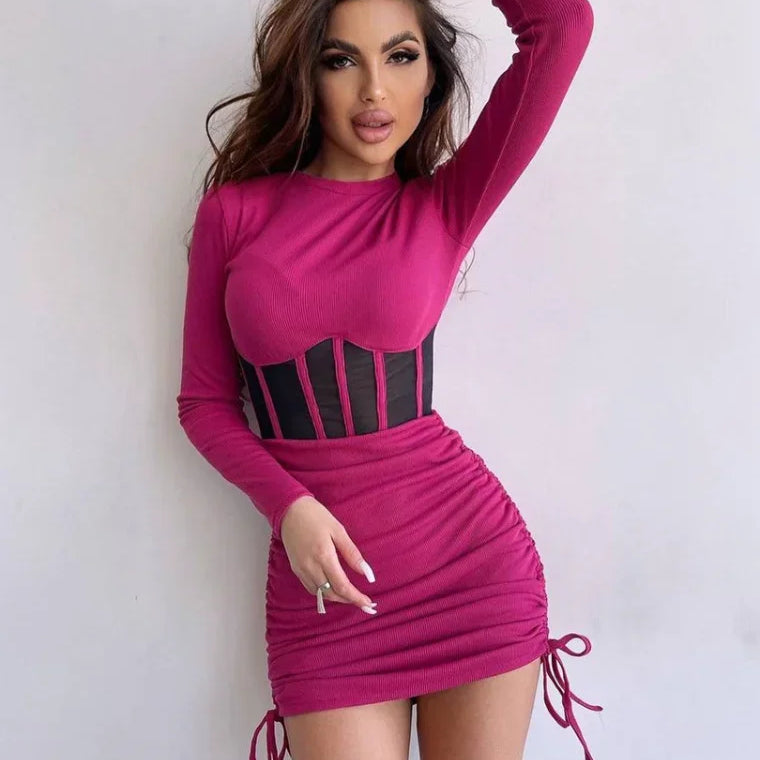 Autumn Winter O-neck Hollow Out Tunics Short Party Dress Streetwear Woman Casual Sexy Bodycon Shirring Mesh Corset Dresses