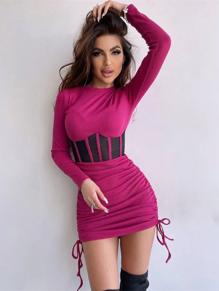 Autumn Winter O-neck Hollow Out Tunics Short Party Dress Streetwear Woman Casual Sexy Bodycon Shirring Mesh Corset Dresses