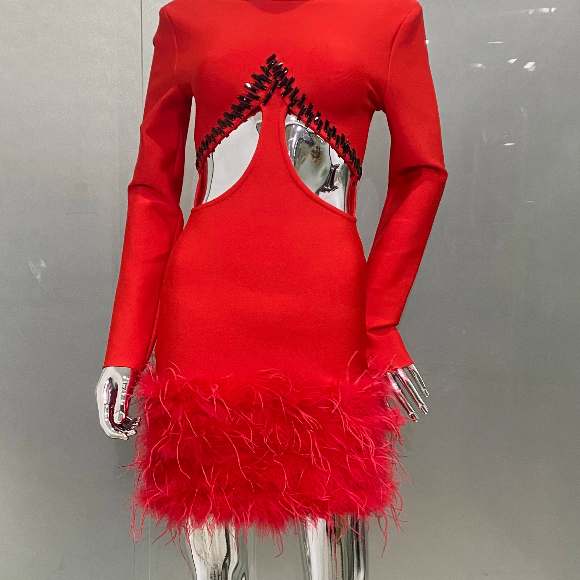 STOCK Gorgeous Feathers Sexy Hollow Out Red Mini Bandage Dress Fashion Woman Evening Dress Merry Christmmas Party Outfit