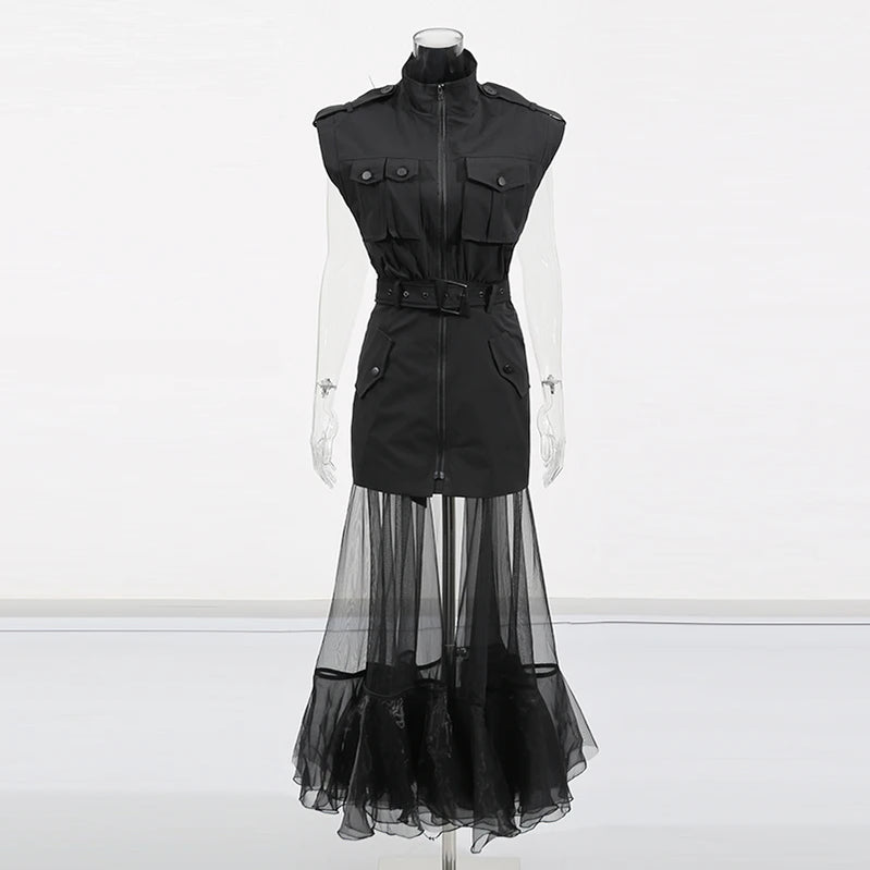 TWOTWINSTYLE Solid Sheer Spliced Mesh Folds Dress for Women Round Neck Sleeveless Patchwork Zipper elegant Dress Female Fashion