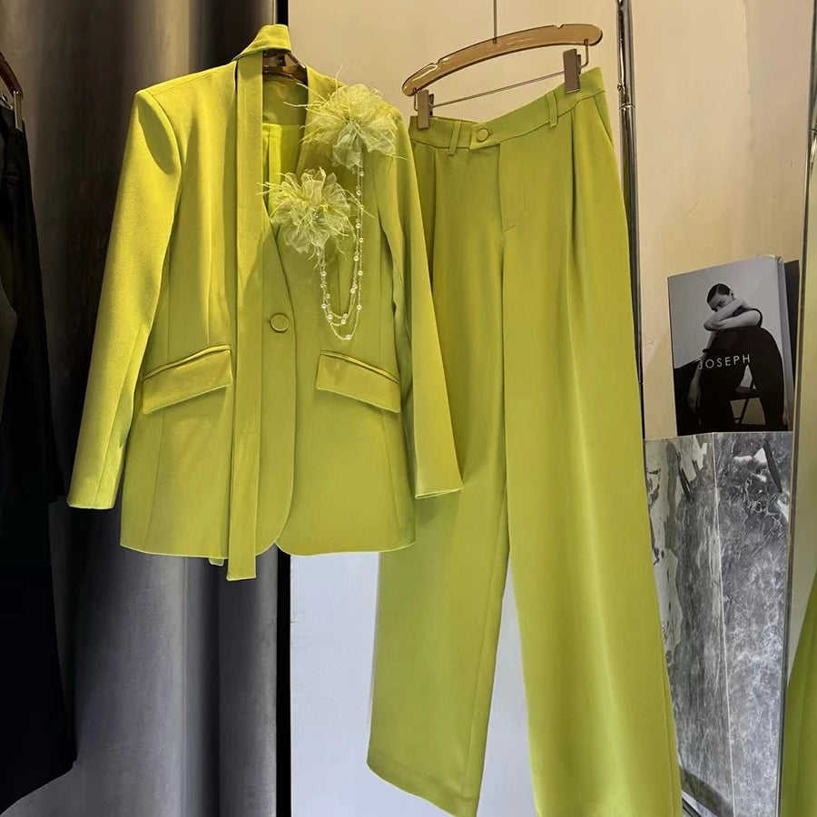 TWOTWINSTYLE Solid Elegant Two Piece Sets for Women V Neck Long Sleeves Patchwork 3D Flower Top High Waist Pant Set Female New