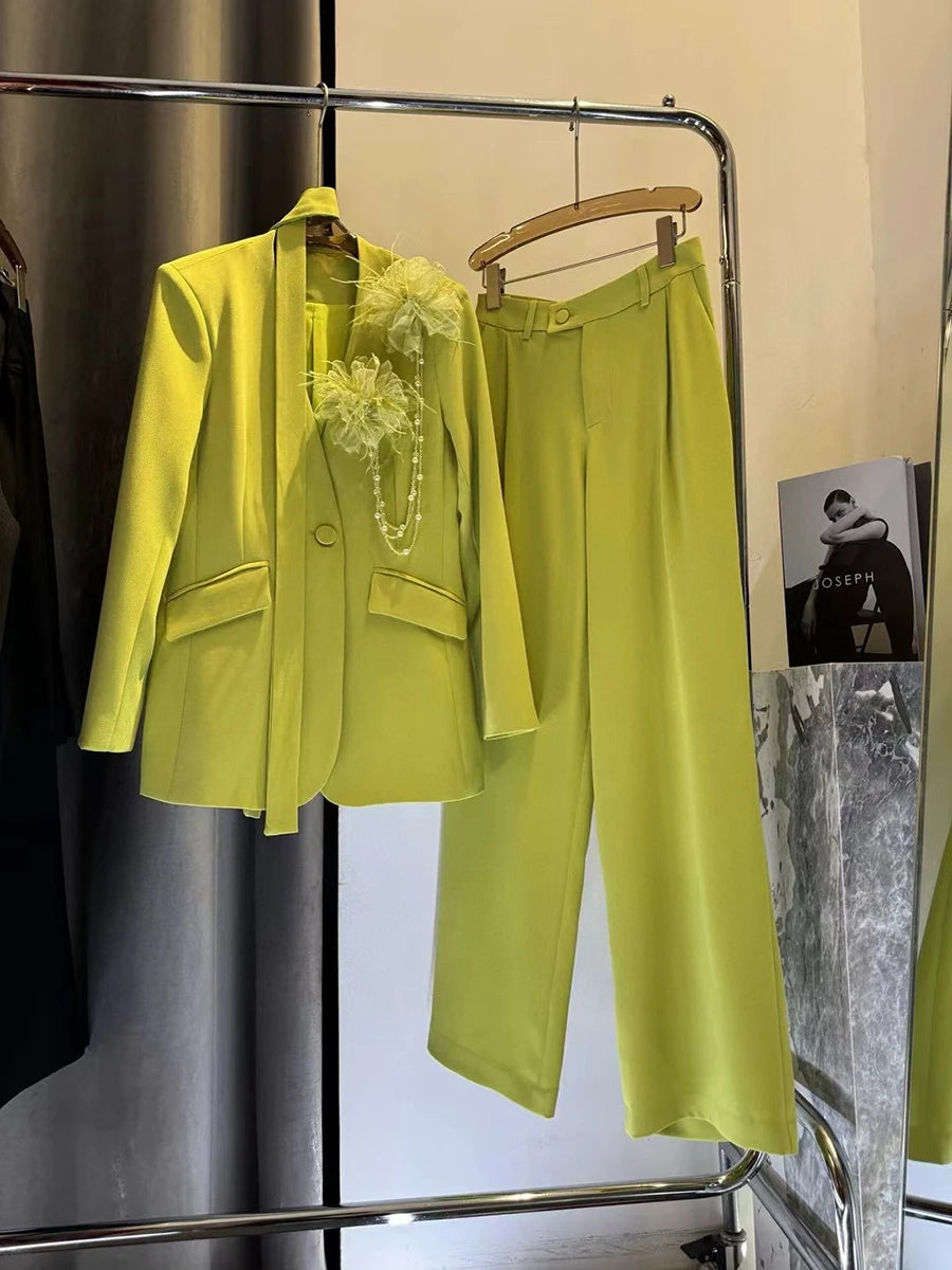 TWOTWINSTYLE Solid Elegant Two Piece Sets for Women V Neck Long Sleeves Patchwork 3D Flower Top High Waist Pant Set Female New