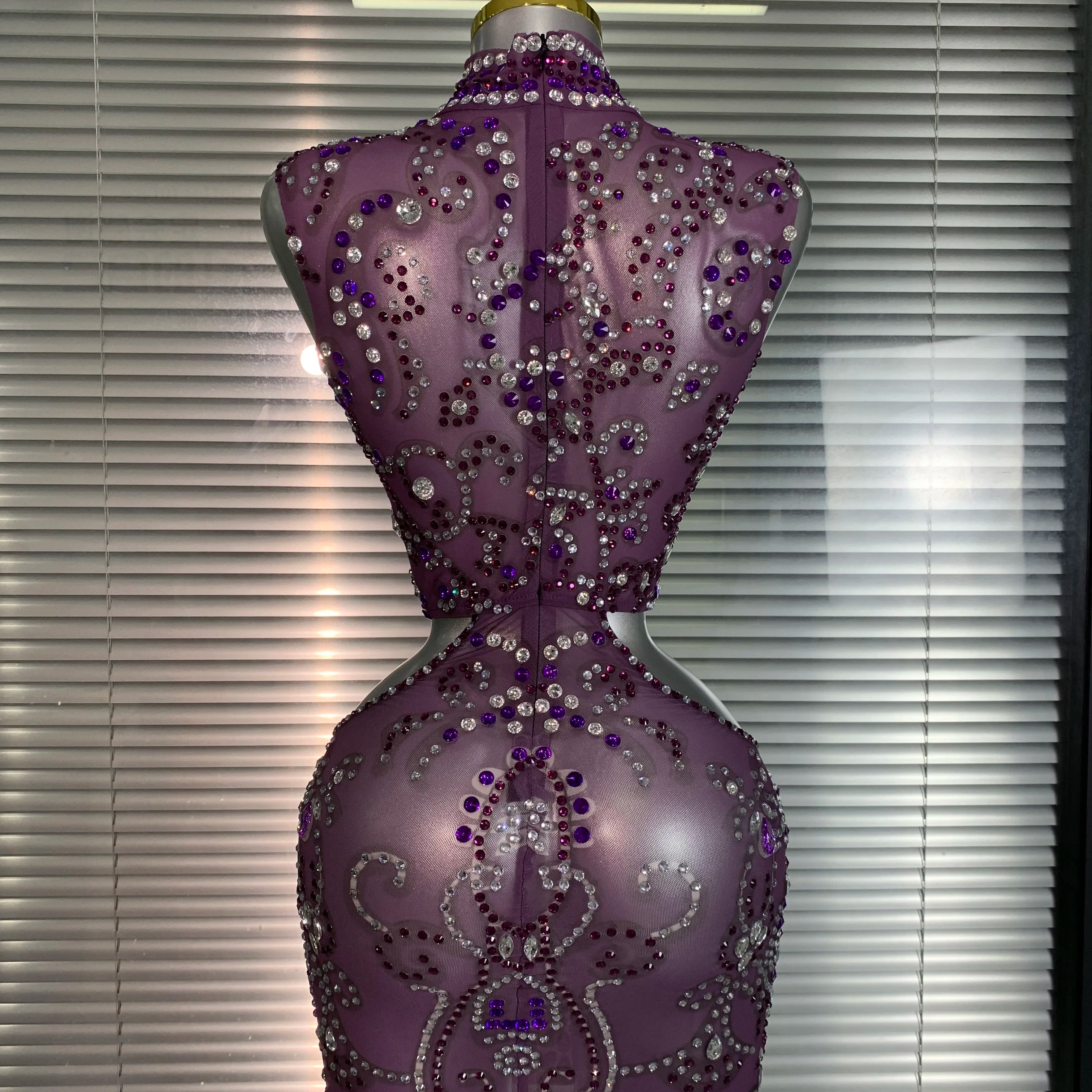 Women Sexy Mesh Crystal Diamonds Mini Purple Performance Costume Stage Dancer See Through Stretchy Night Club Party Dress