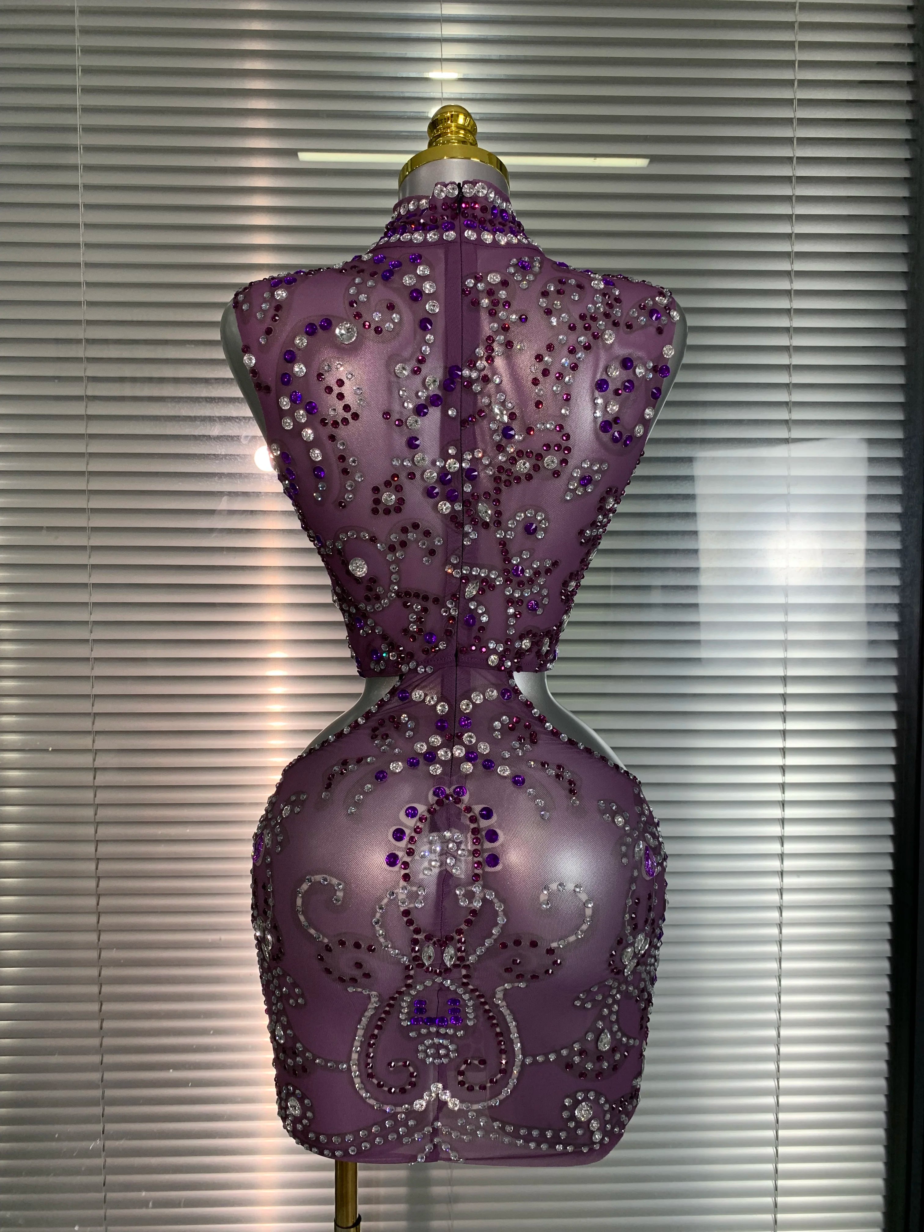 Women Sexy Mesh Crystal Diamonds Mini Purple Performance Costume Stage Dancer See Through Stretchy Night Club Party Dress