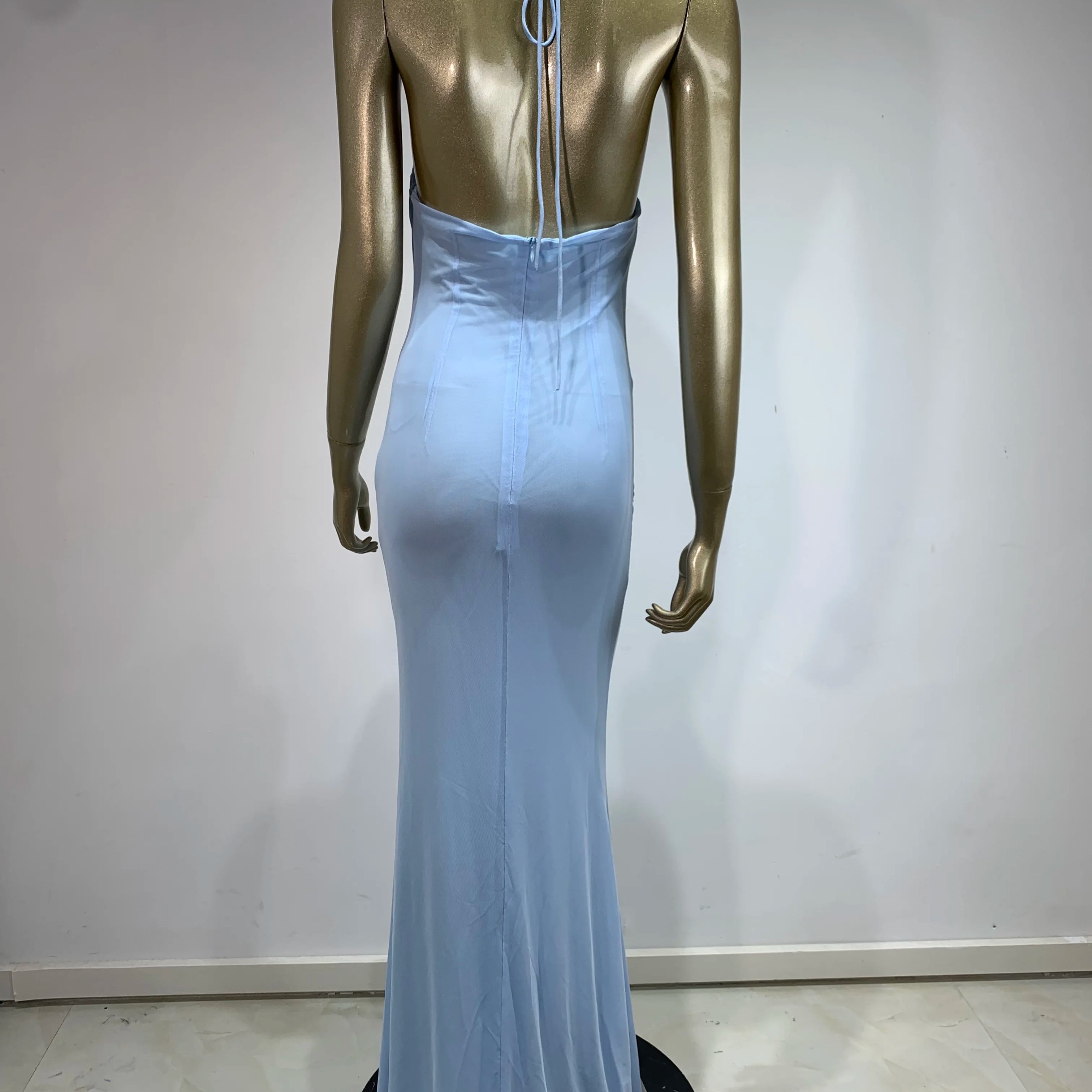 Women Celebrity Sexy Backless Halter Flower Sky Blue Maxi Long Gowns Dress 2024 Elegant Evening Party Club Dress Vestido