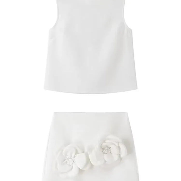 Aonibeier Y2K Extreme Short Women Mini Skirt Suits Traf Summer Flower Appliques Sleeveless Tanks Female Crop Top Sets White W