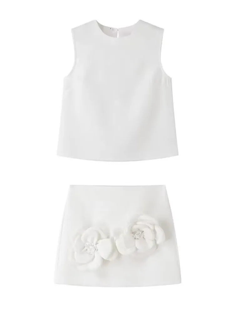 Aonibeier Y2K Extreme Short Women Mini Skirt Suits Traf Summer Flower Appliques Sleeveless Tanks Female Crop Top Sets White W