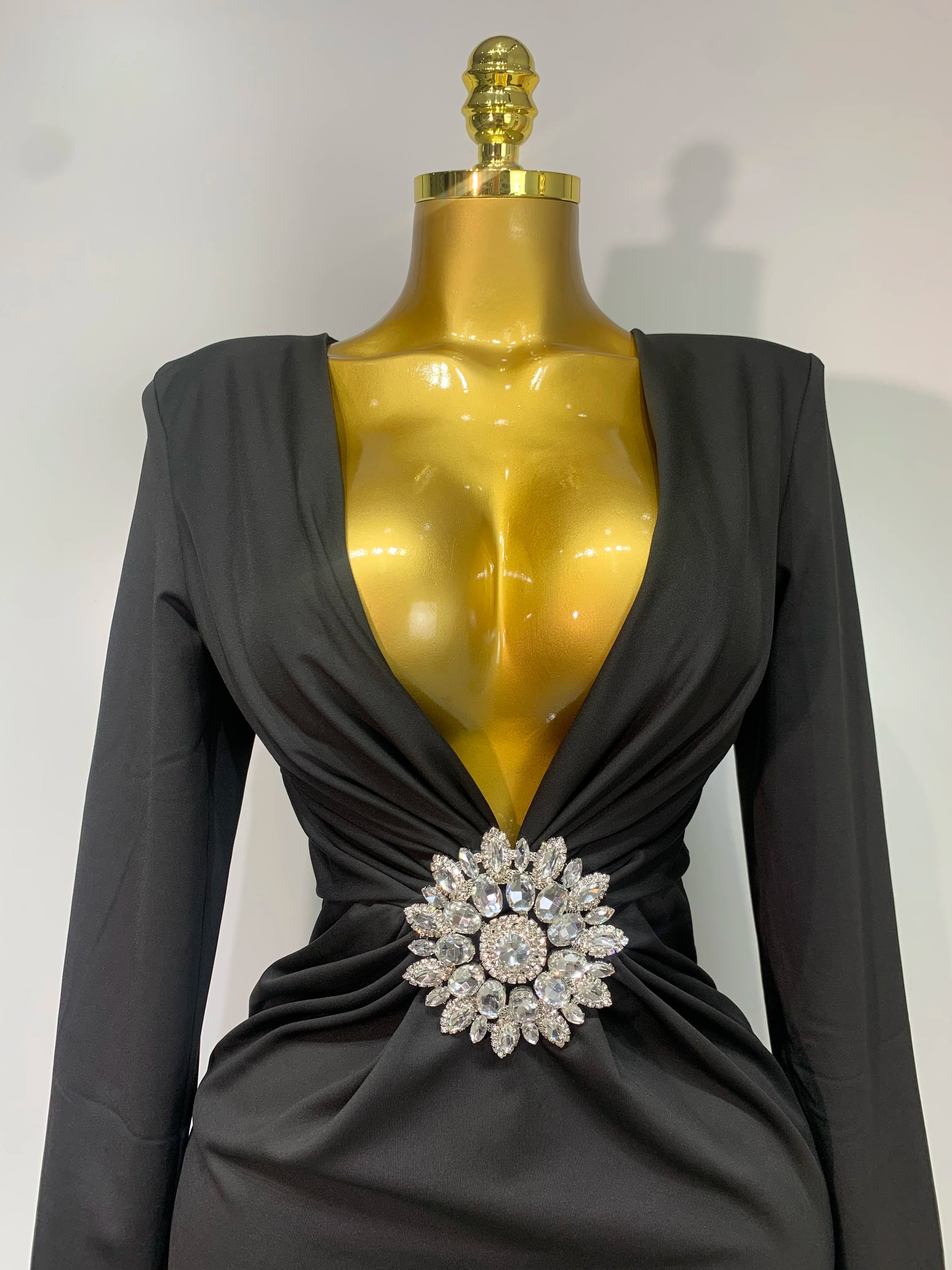 Vestido longo justo com diamante preto, feminino, sexy, decote em V profundo, mangas compridas, para festa de passarela, 2025, elegante, vestido de festa à noite