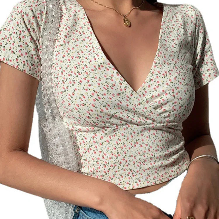 Summer French retro floral V-neck short-sleeved T-shirt Slim slimming wild high waist T-shirt women's top