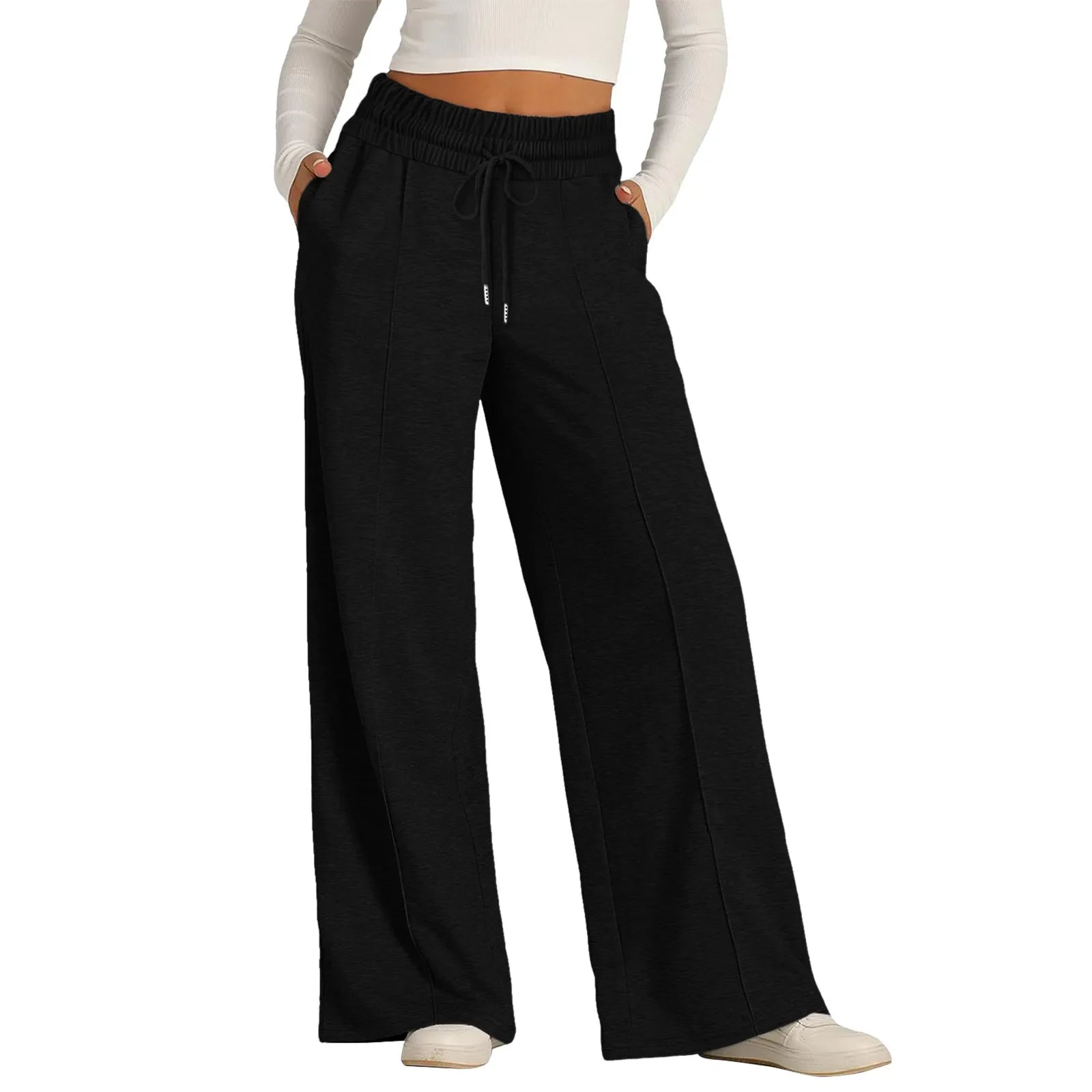 Women Oversized Wide Leg Pants Lightweight Sweatpants Elastic Drawstring Straight Leg Trousers High Waist Baggy Casual Pants Black CN