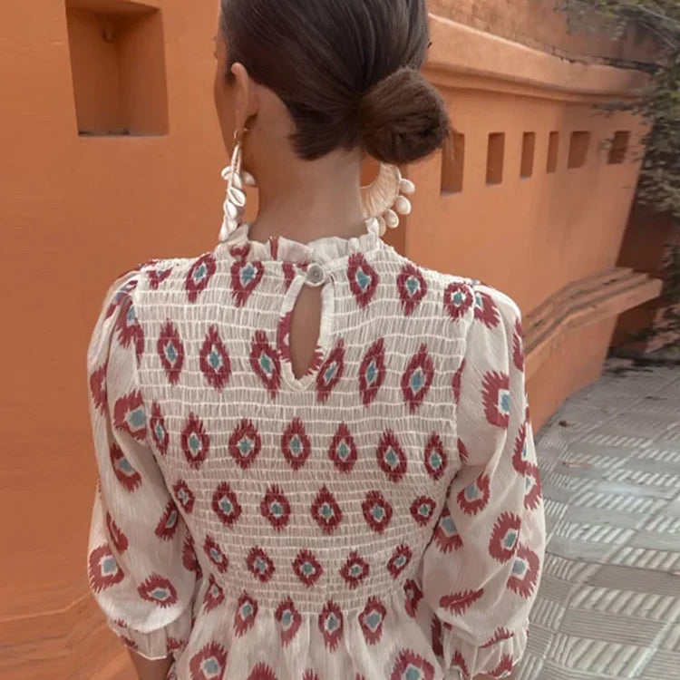 Woman Casual Printed Slim Shirt Short Skirt 2 Piece Set Puff Half Sleeve T-shirt High Waist Pleated Mini Dress Suit Outfit