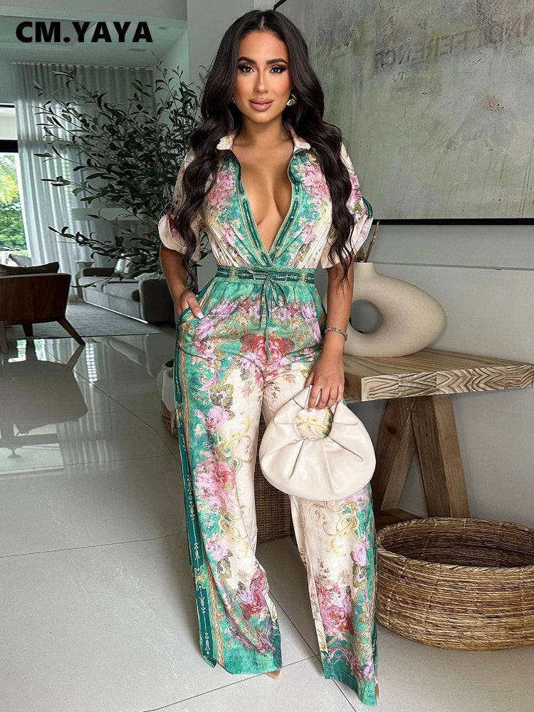 CM.YAYA Women Floral Printed Vintage Blouse Style Wide Leg Jumpsuits 2025 Summer Beach Night Club Playsuit One Piece Suit Romper