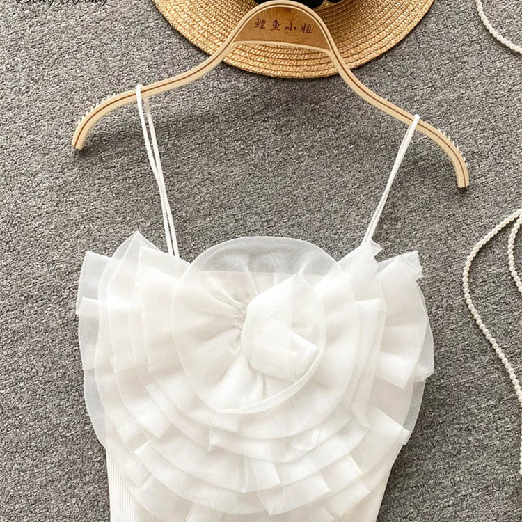 SINGREINY Female 3D Flowers Vacation Style Sexy Camis Summer Design Sheath Tops Women Solid Slim Short Streetwear Beach Camisole white One Size