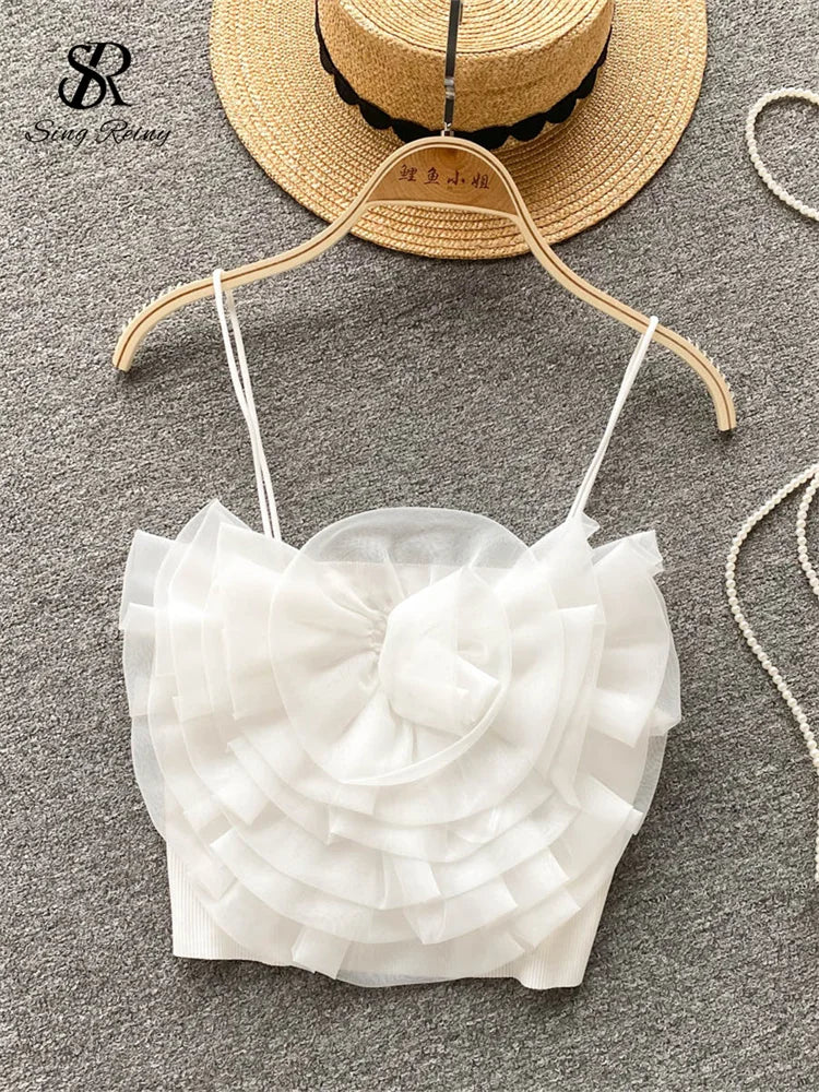 SINGREINY Female 3D Flowers Vacation Style Sexy Camis Summer Design Sheath Tops Women Solid Slim Short Streetwear Beach Camisole white One Size