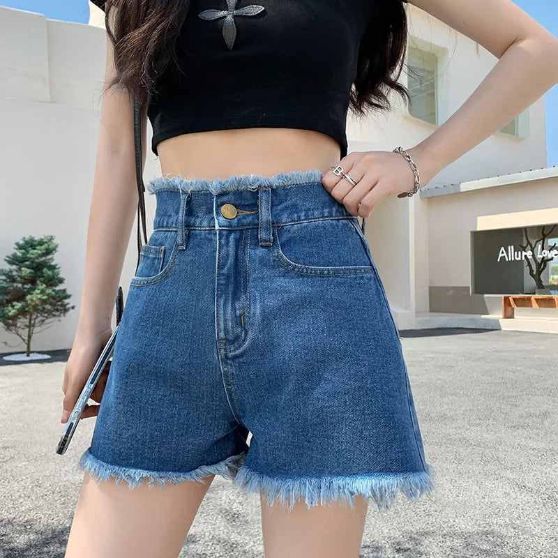 Spring Summer Jean Shorts for Women Casual Sexy High Waist Denim Shorts Vintage Raw-edge Mujer Short Jeans Female Clothing DEEP BLUE