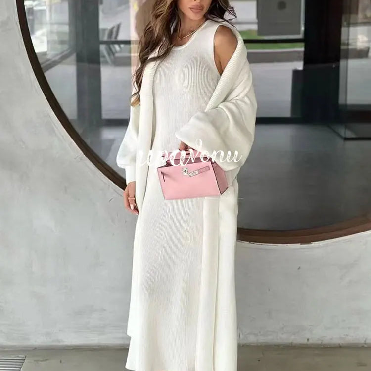 Casual Solid Knitted Sweater Long Dress Set Women Long Sleeve Loose Long Cardigan Coat&Sleeveless Mid length Dress Two Piece Set