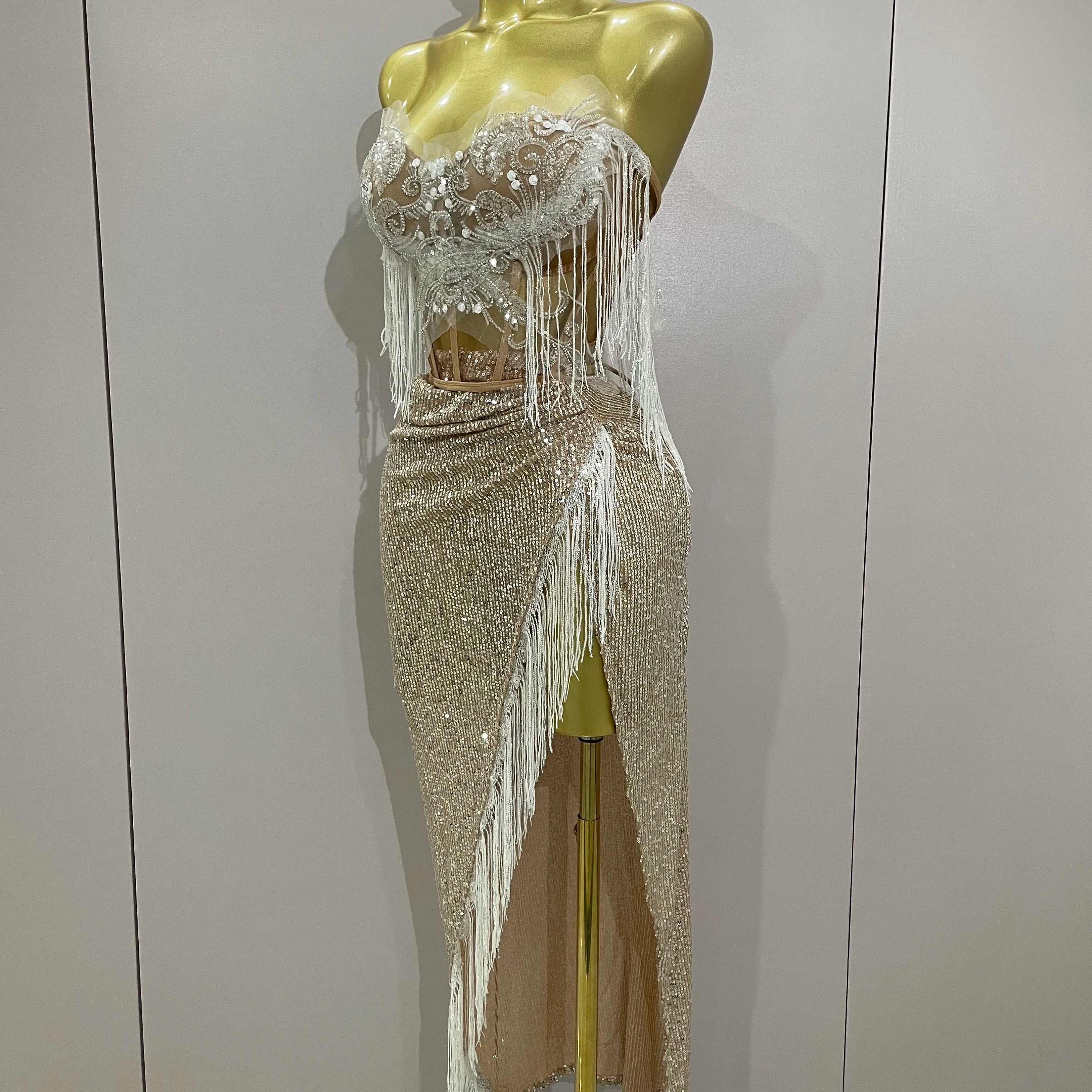 Sexy Luxury Sparkly Sequin Tassel Two Piece Set 2025 Women Evening Party Birthday Singer Performan Costume Nightclub Girl Outfit