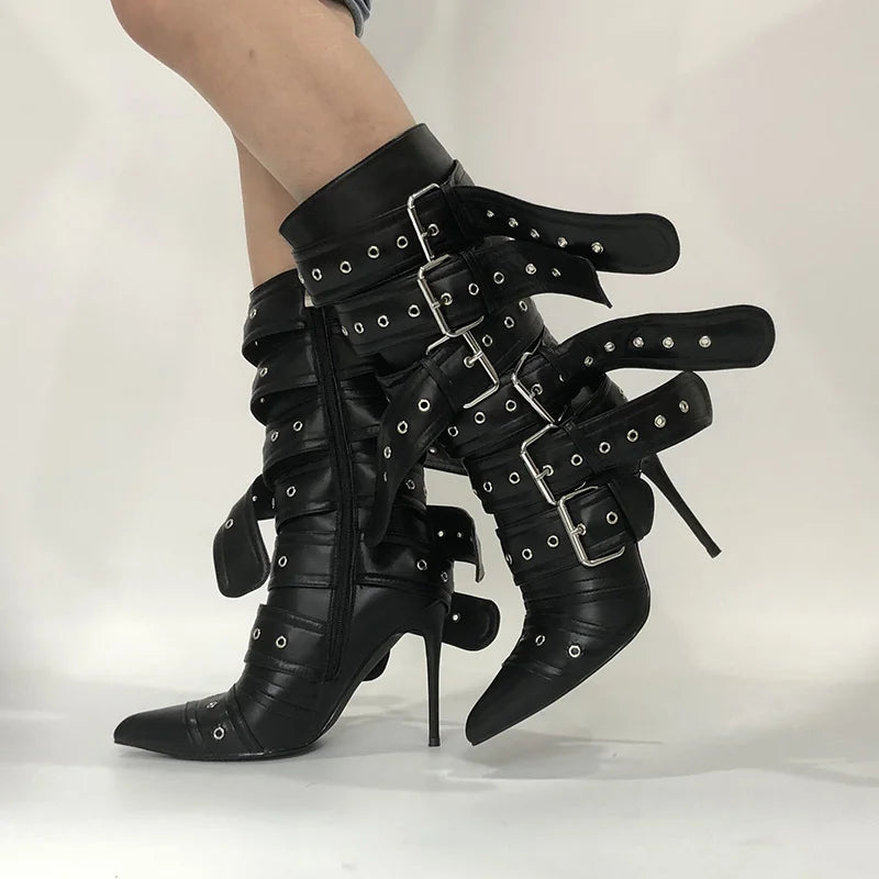 Women Pointed Toe Mid-Calf Boots Buckle Strap Thin High Heel Lady Zipper Female Stiletto Boots