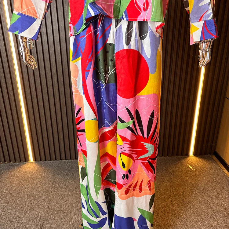 ZARATRASnew summer women's new trousers suit lapel loose silk texture shirt + positioning printed wide leg pants