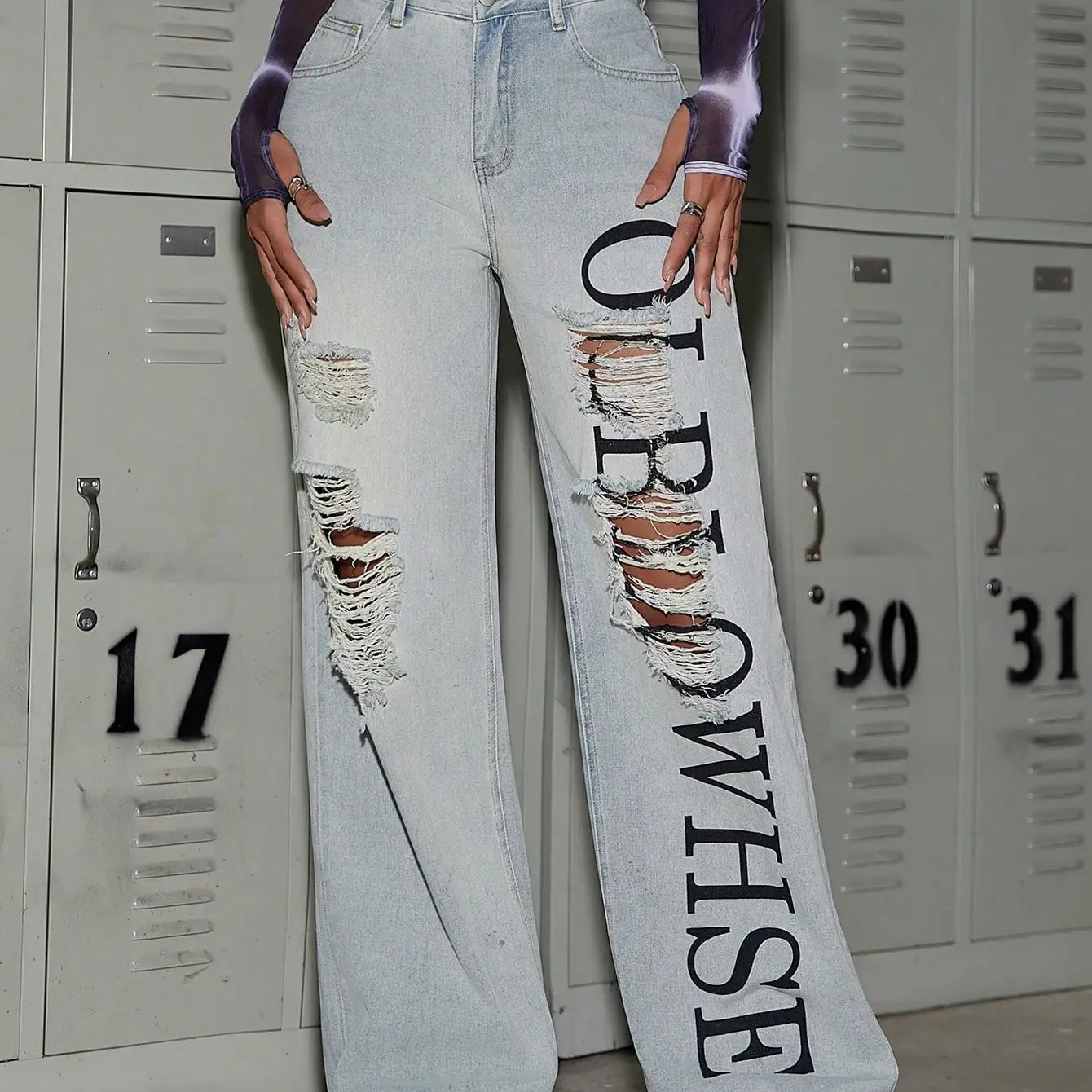 Trendy Women High Waist Letter Pattern Ripped Jeans Street Hip Hop Baggy Wide Leg Denim Trouser