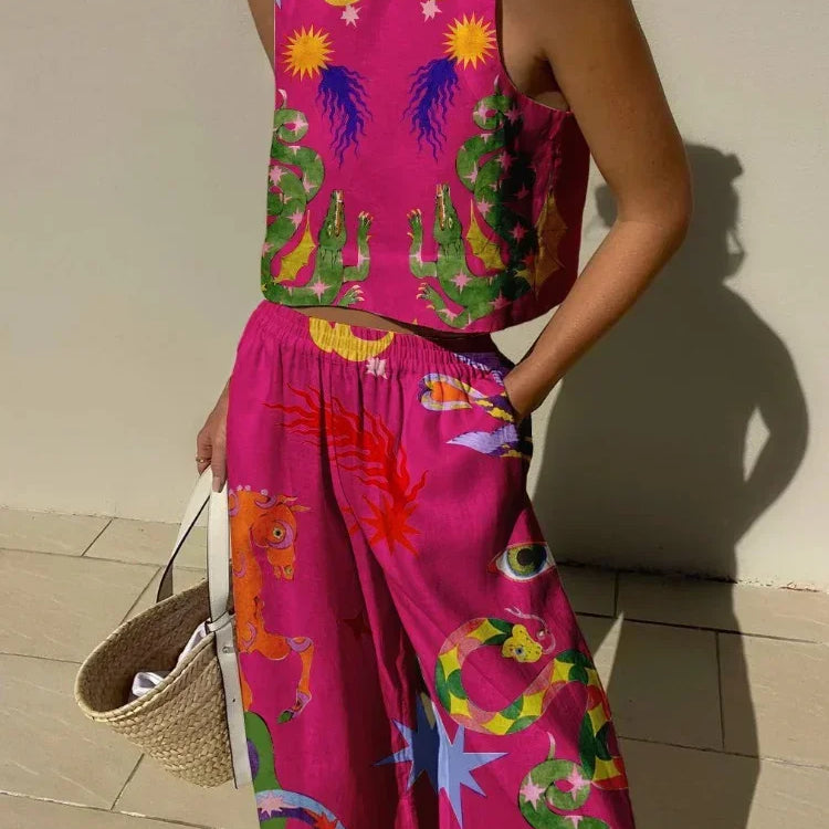 Casual Printed Pant Suits For Women Vintage Crew Neck Sleeveless Vest High Waist Loose Trouser Sets Female Beach Holiday Outfits