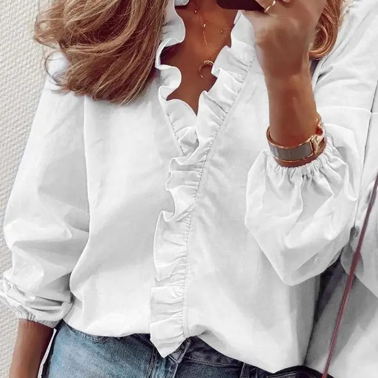 European and American long sleeved ruffled shirt for women's shirts in spring and summer WHITE