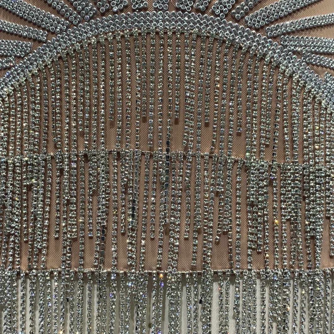 Top Hand-make Sparkly Rhinestones Women Sexy Halter Bodycon Mini Dress Chain Nightclub Bar Singer Performance Costume