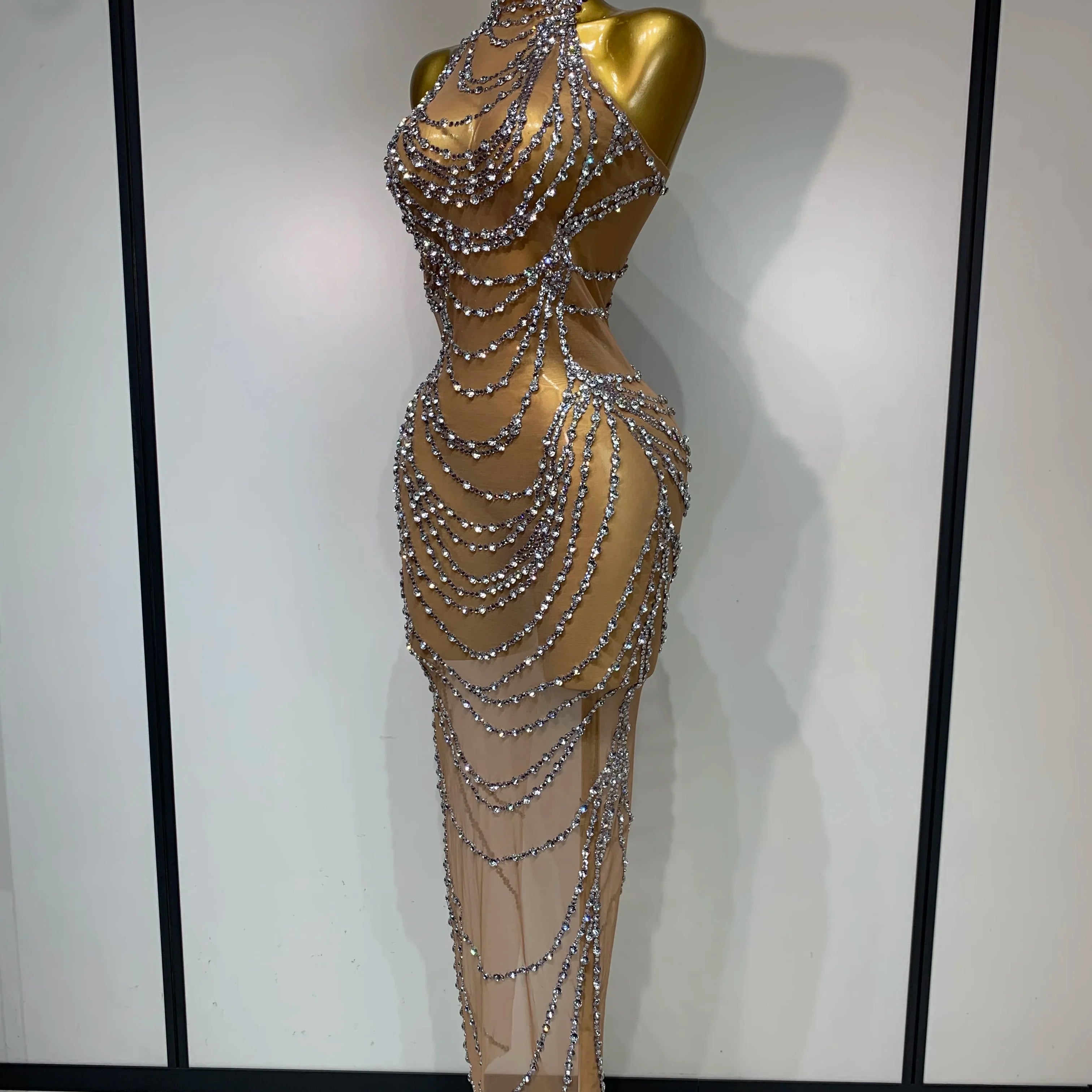 Luxury Rhinestone Sparkly Sexy Transparent Mesh Long Dress  Women Birthday Party Gown Stage Singer Performance Costume
