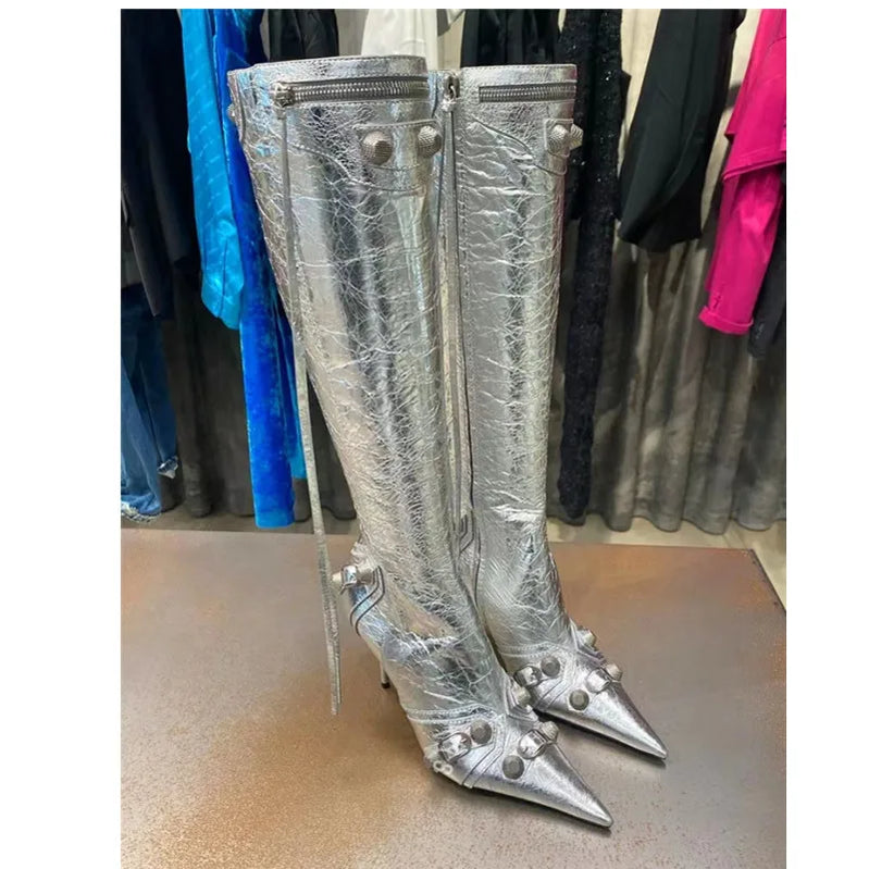 Paris Station Fashion Women's Boots Denim Pointed High Heel Boots Sexy Rivet Boots Show Party Over Knee 46 Large Boots