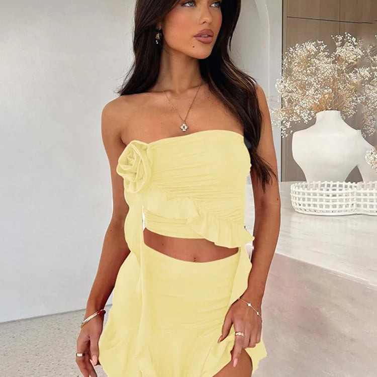 Sexy Women Dress Sets Rose Strapless Crop Tops And Mini Skirt Sets Female Elegant Ruffled Club Party Two Piece Sets