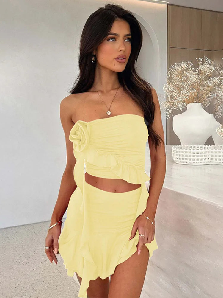 Sexy Women Dress Sets Rose Strapless Crop Tops And Mini Skirt Sets Female Elegant Ruffled Club Party Two Piece Sets