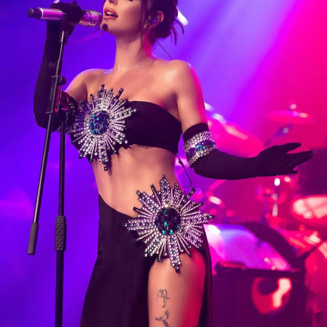 Fantasia de celebridade para performance em palco, bandagem sexy feminina, 2 peças, bodycon, vestido longo, boate, festa, aniversário