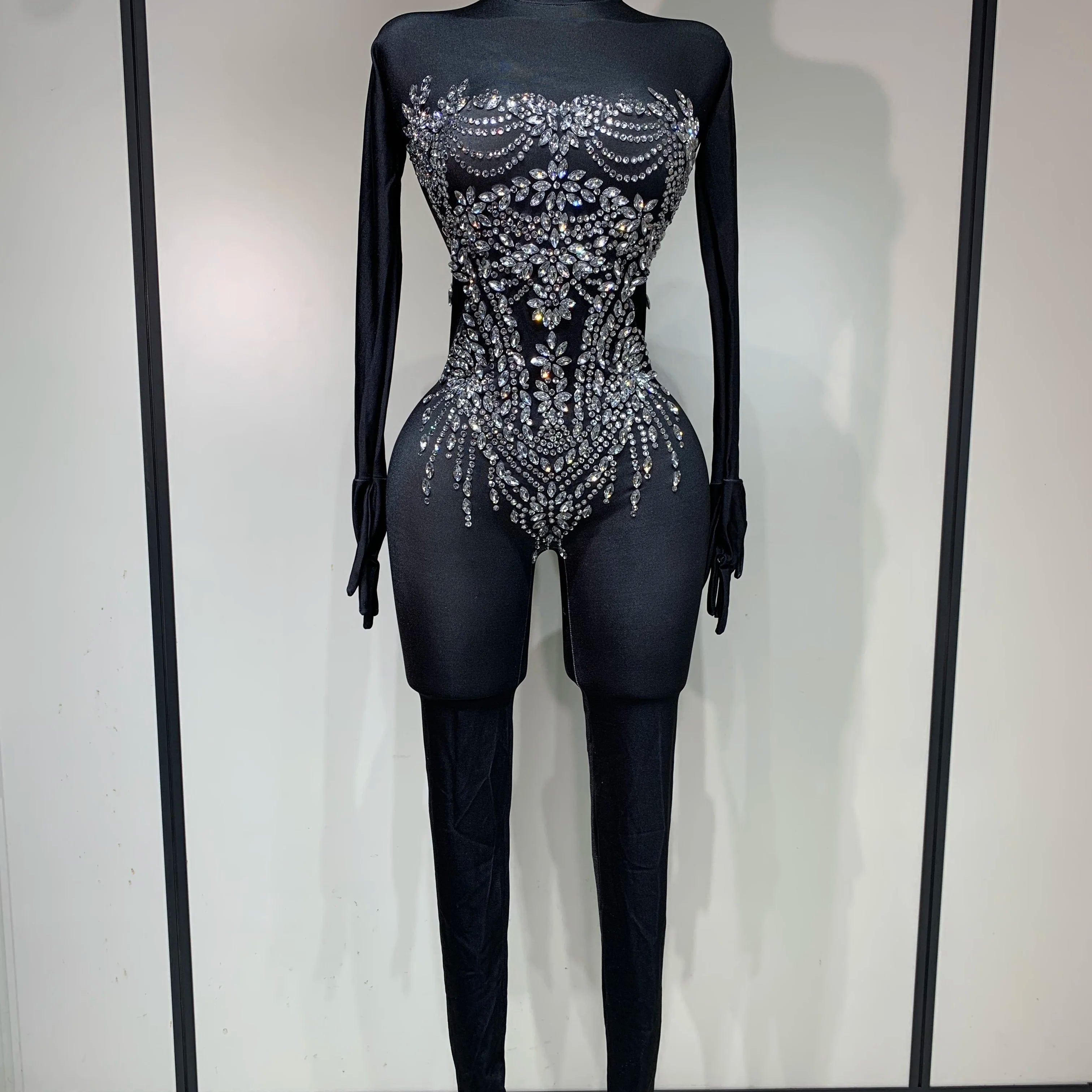 Stock Women Sexy Nightclub Evening Party Drag Queen Singer Dancer Stage Performance Costume Luxury Rhinestone Stretch Jumpsuit