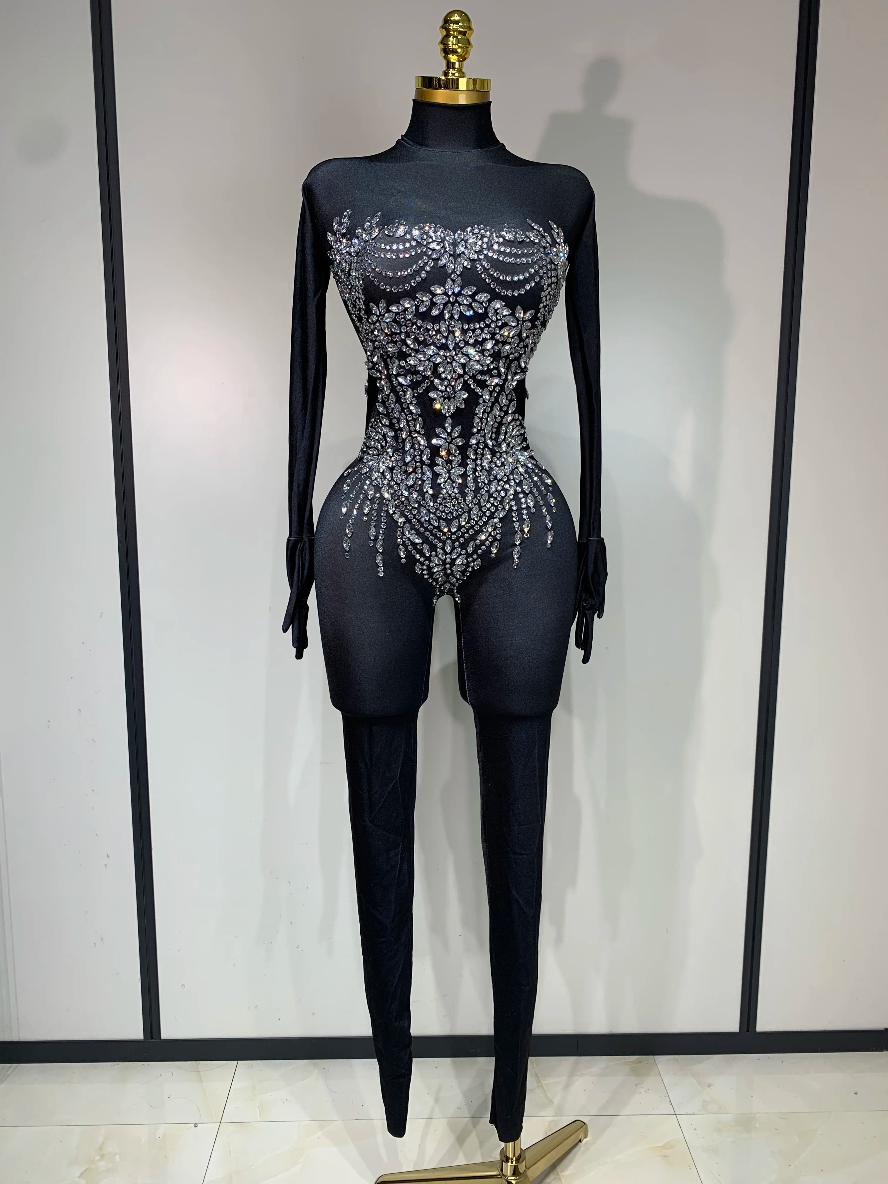 Stock Women Sexy Nightclub Evening Party Drag Queen Singer Dancer Stage Performance Costume Luxury Rhinestone Stretch Jumpsuit