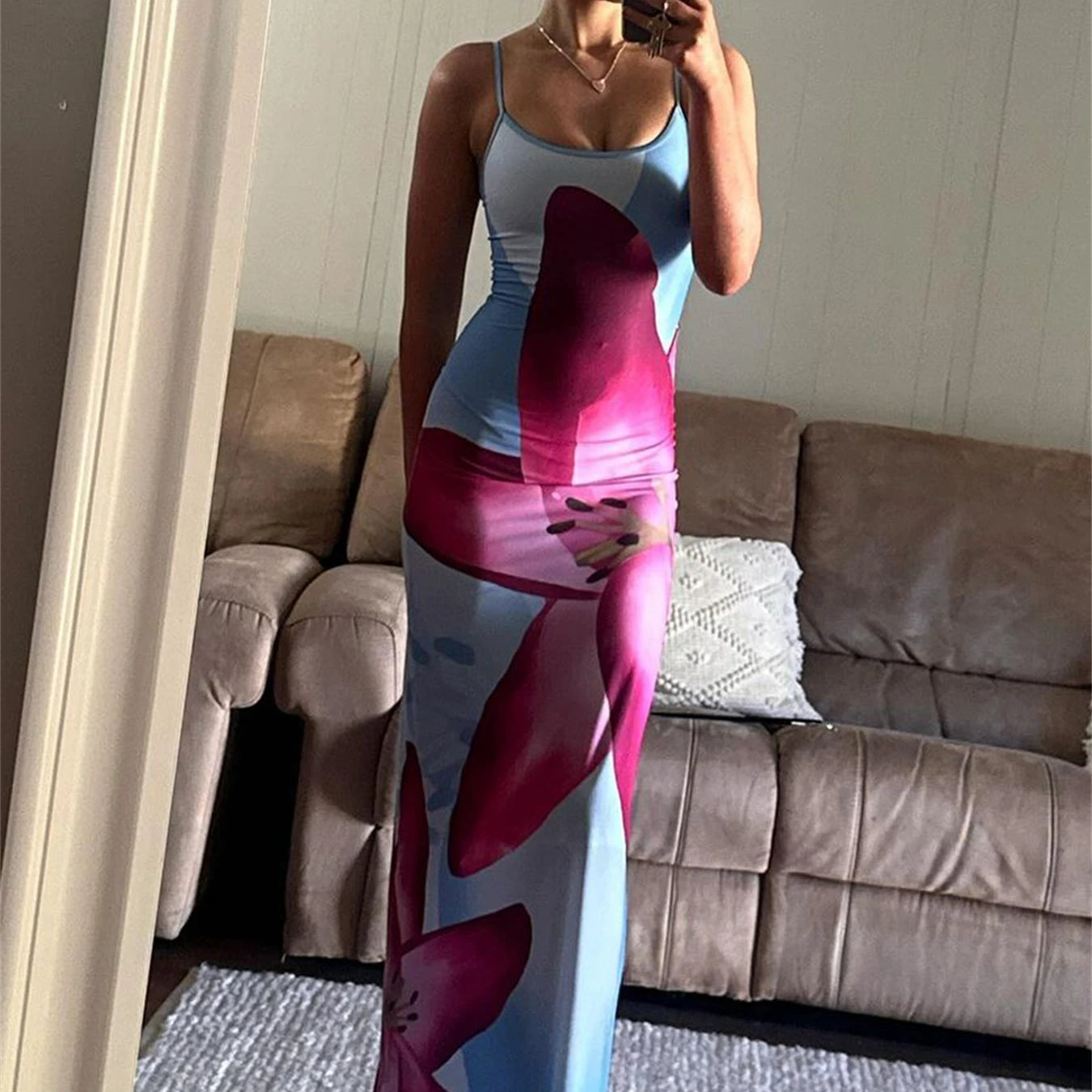 Tossy Spaghetti Strap Lily Floral Slip Dress Summer Casual Printed Maxi Dresses Backless Bodycon Slim Boho Long Sundress