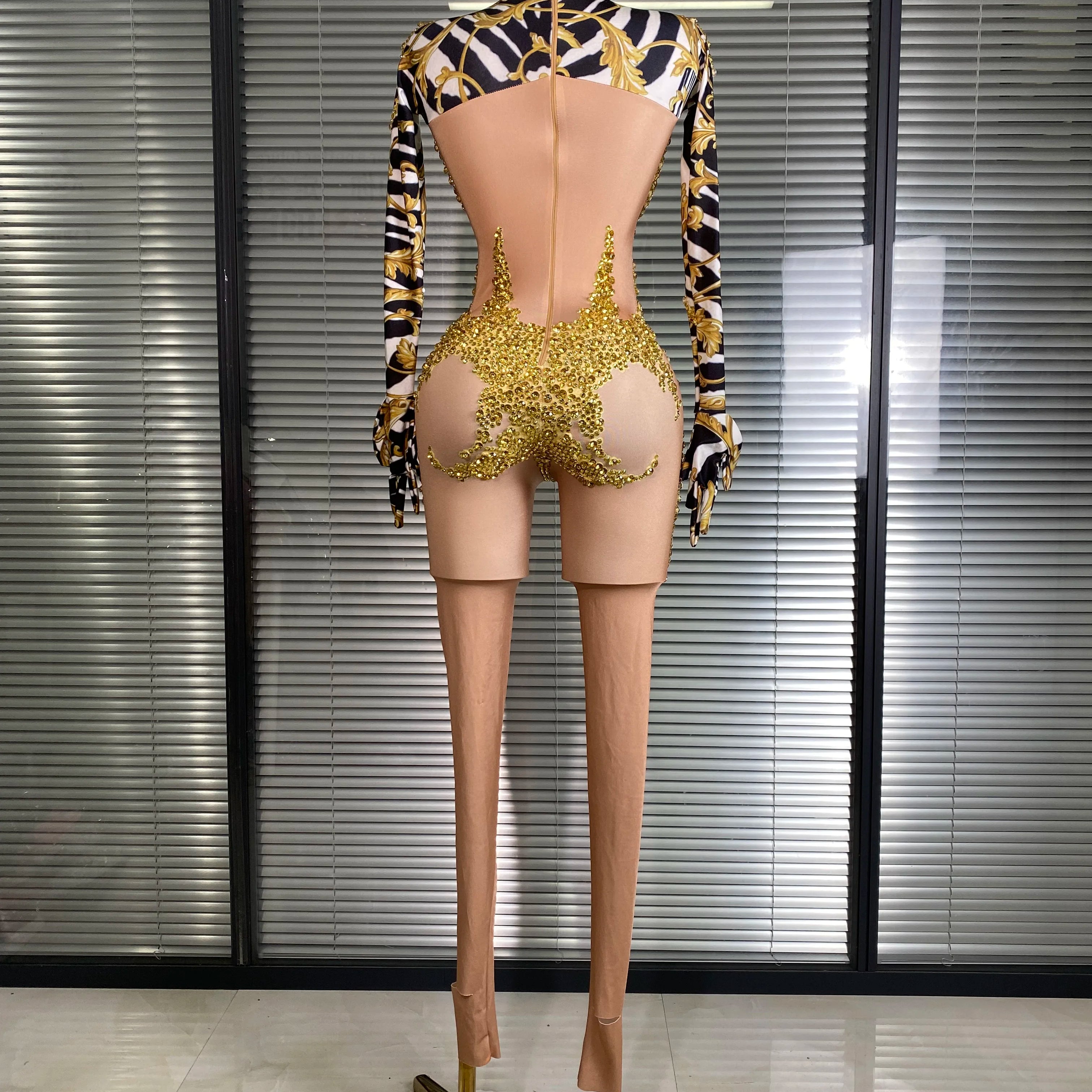 Women Sexy Skin Gold Bodycon Jumpsuit Celebrity Designer Singer Dancer Night Club Rompers