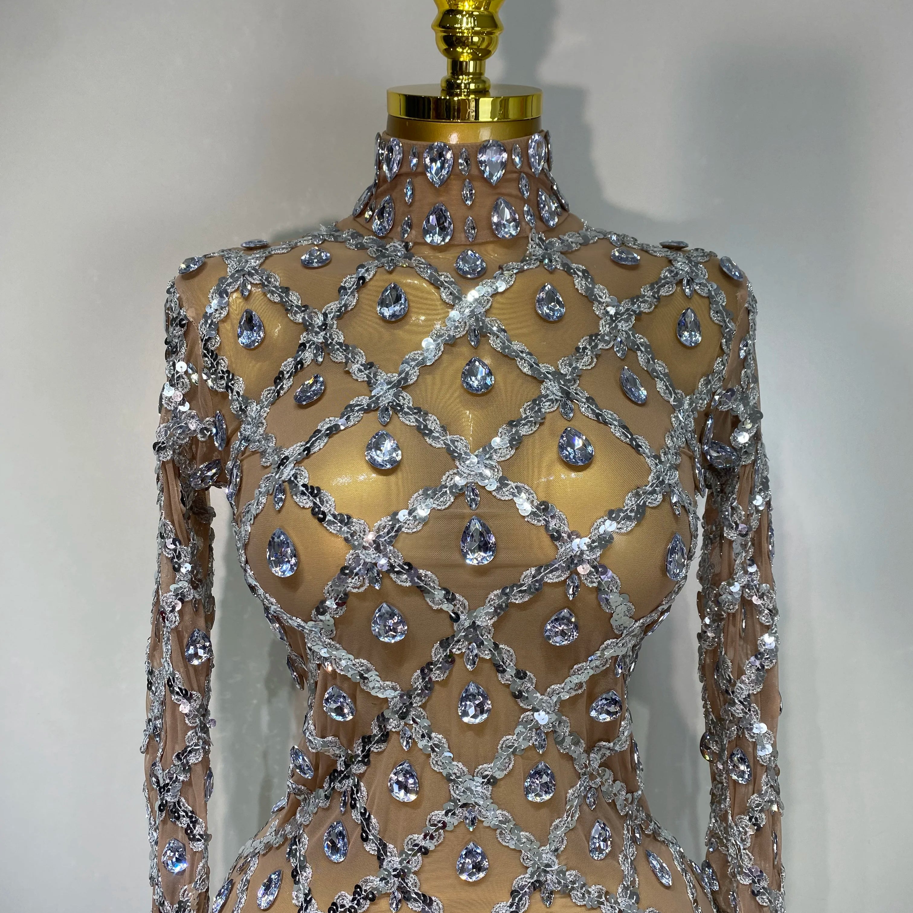 Women Sexy Luxury Birthday Dress Stage Shining Rhinestone Sequin Long Dress Evening Prom Gown Transparent Singer Club Host Dress