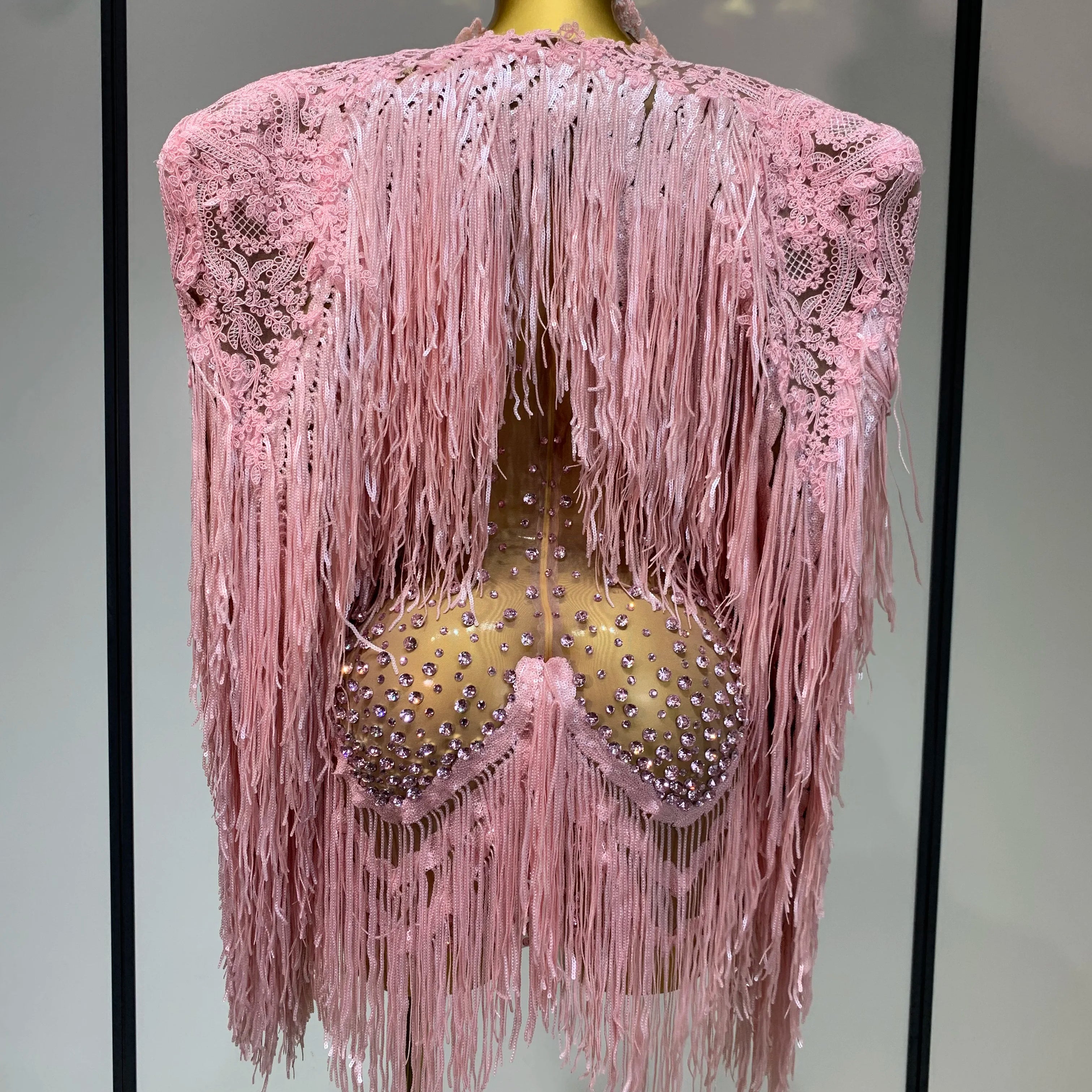 Women Sexy Transparent Long Sleeve Bodycon Dress Two Piece Set Luxury Sequin Fringes Evening Party Celebrity Performance Costume