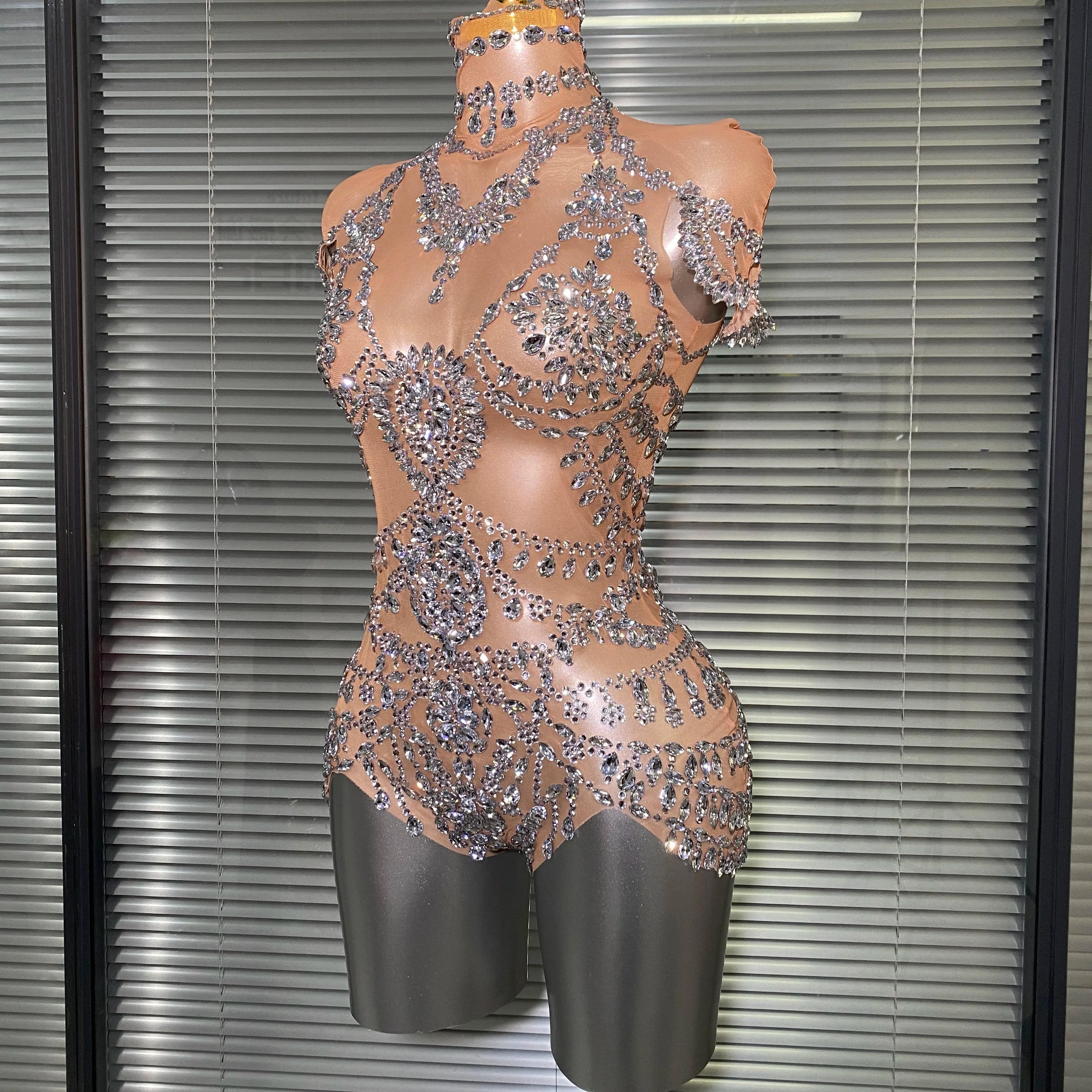 Celebrity New Women Sexy Skin See Through Sheer Diamonds Stretchy Night Club Singer Dancer Stage Costume Party Bodysuit
