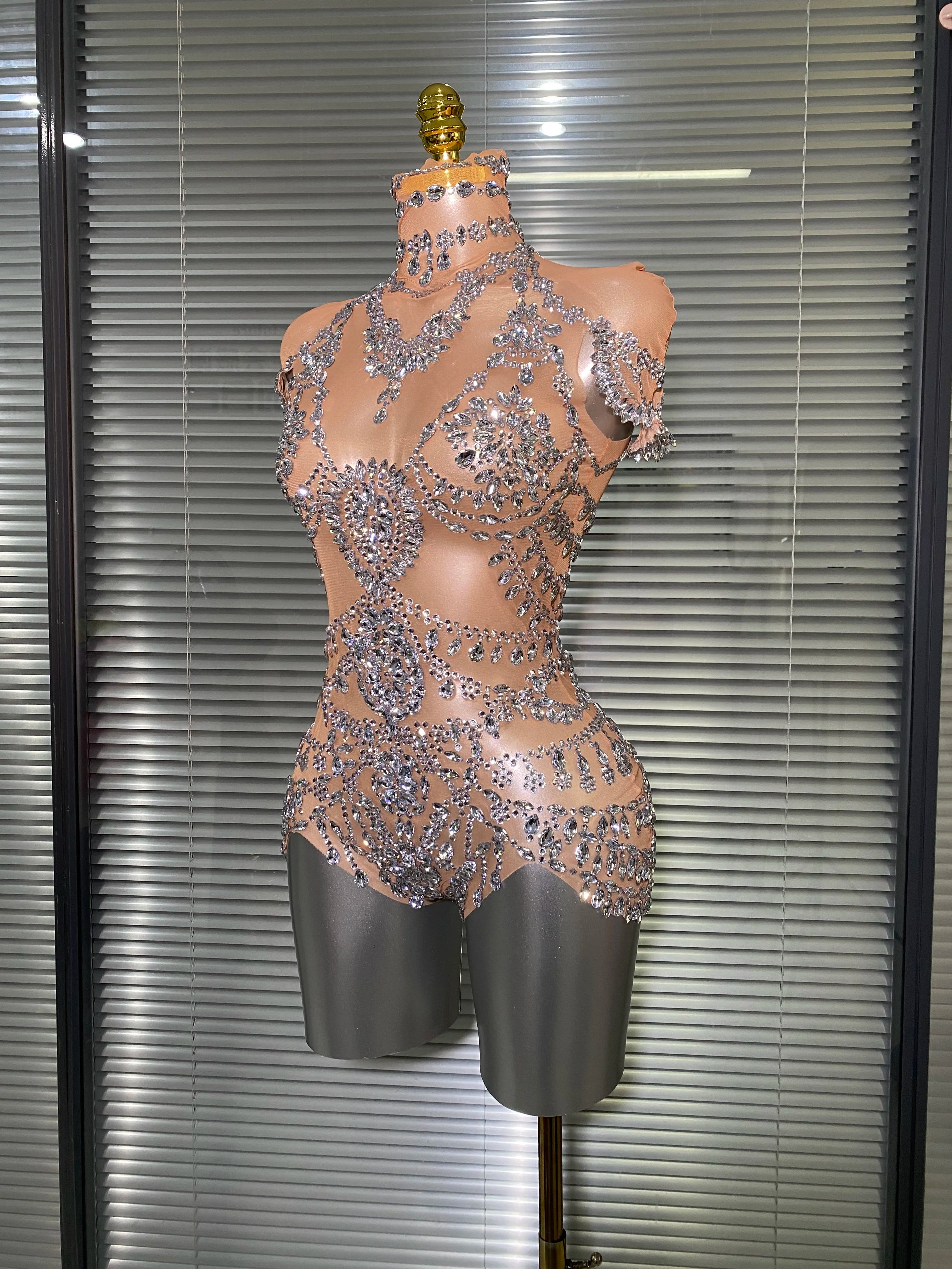 Celebrity New Women Sexy Skin See Through Sheer Diamonds Stretchy Night Club Singer Dancer Stage Costume Party Bodysuit