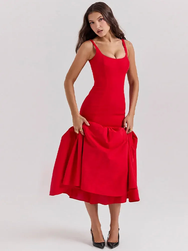 Summer Elegant Women's Solid Strap Dresses Sexy Sleeveless Backless Sling A Line Dress Chic Ladies Party Club Vacation Robe