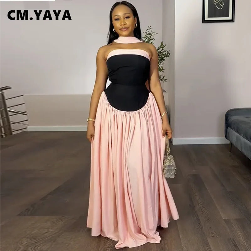CM.YAYA Women Fashion Halter Neck Pleated Big Swing High Waist Maxi Long Dress 2025 Summer Party Night Club Vestidos Dresses