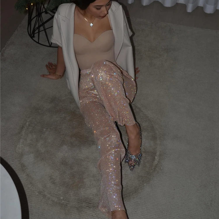 Fashion Sexy Glitter Crystal Diamonds Fishnet Women Pant See Through High Waist Pant Female Loose Hot Girl Party Clubwear