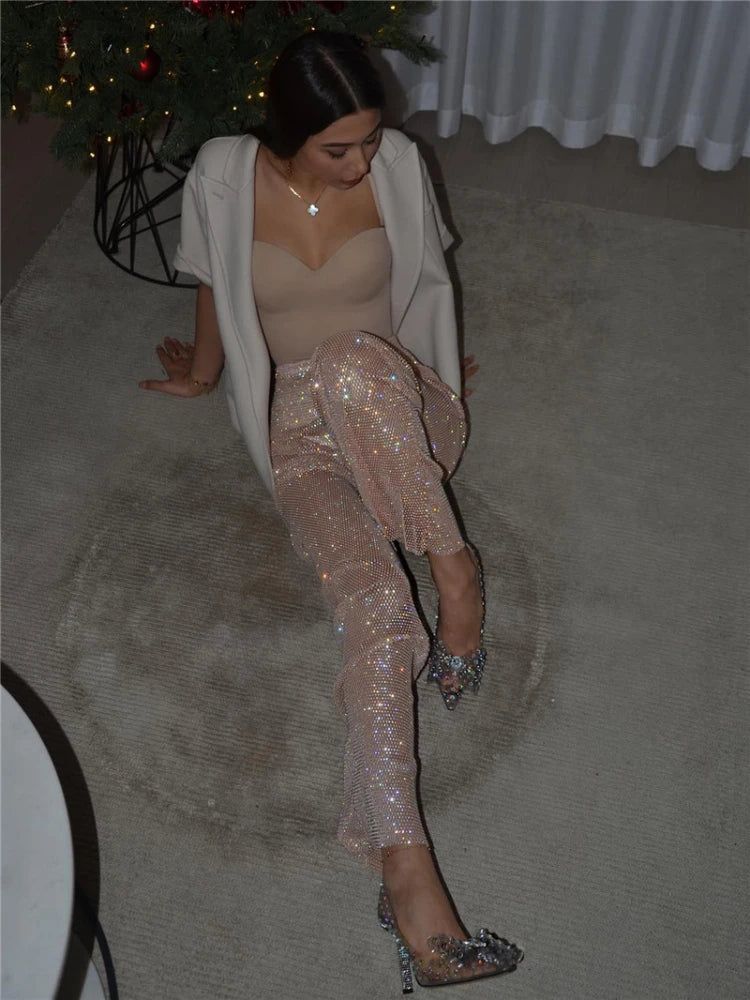 Fashion Sexy Glitter Crystal Diamonds Fishnet Women Pant See Through High Waist Pant Female Loose Hot Girl Party Clubwear